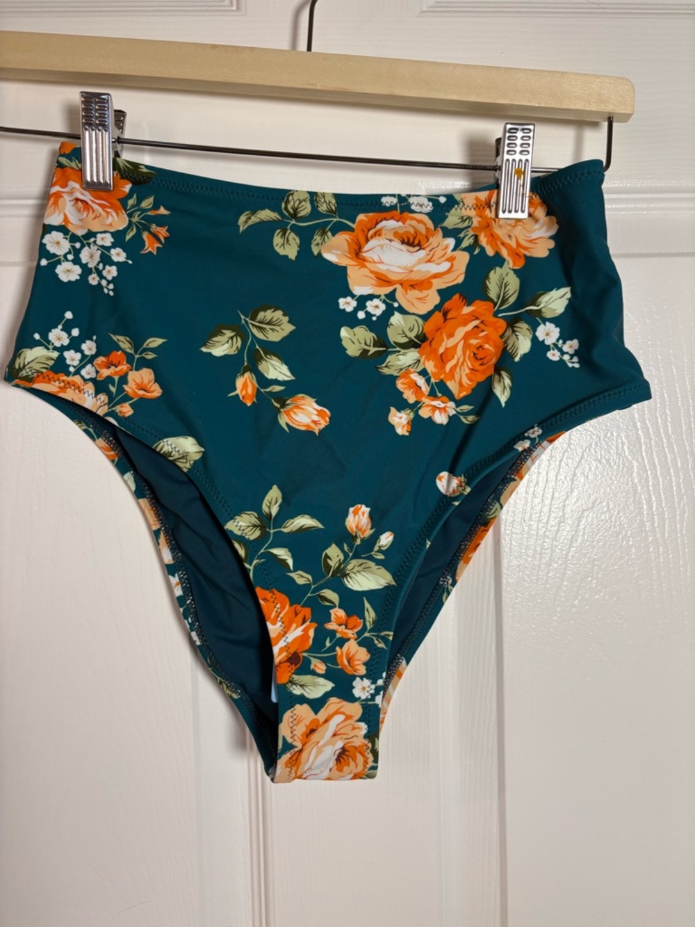 Cupshe Teal high waisted bikini bottom with Orange Floral Print